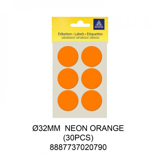 MAYSPIES MS032 COLOUR DOT LABEL / 5 SHEETS/PKT / 30PCS / ROUND 32MM NEON ORANGE